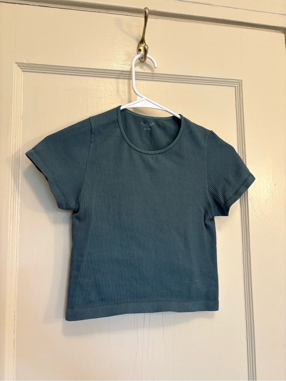 Urban Outfitters Ribbed Short Sleeve Crop Top - Teal Green
